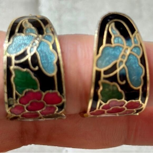 Vintage Cloisonné Black Butterfly Floral Earrings - Picture 2 of 12